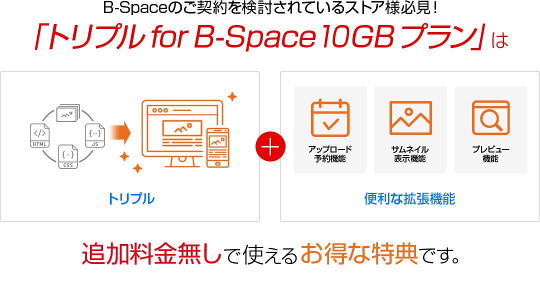 B-Spaceのご契約を検討されているストア様必見！ 「トリプル for B-Space 10GBプラン」は追加料金無しで使えるお得な特典です。
