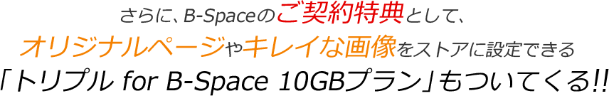 さらに、B-Spaceのご契約特典として、オリジナルページやキレイな画像をストアに設定できる「トリプル for B-Space 10GBプラン」もついてくる!!