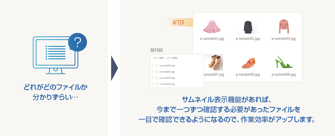 サムネイル表示機能があれば、今まで一つずつ確認する必要があったファイルを一目で確認できるようになるので、作業効率がアップします。